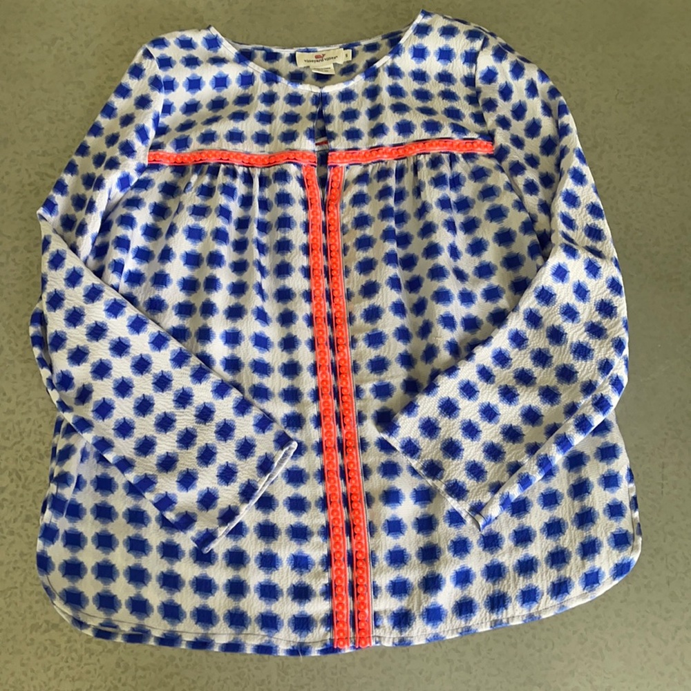 VINEYARD VINES silk tunic small blue boho dot print orange detail trim